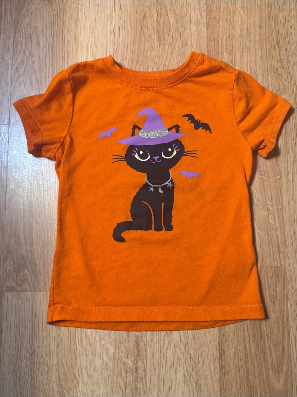 Girls Orange Halloween Cat T‑Shirt with Purple Witch Hat 4-5T